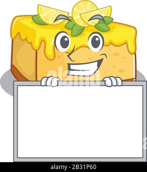 Lemon cheesecake cartoon design concept grinning with board Stock Vector