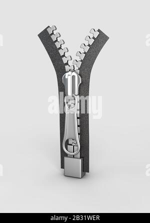 3d Rendering of open zipper interlocking metal fastener on clothing. Stock Photo