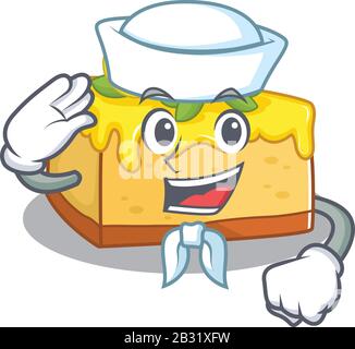 Lemon cheesecake cartoon concept Sailor wearing hat Stock Vector