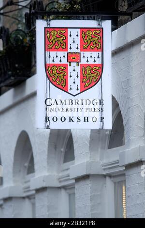 Sign on the outside wall of the Cambridge University Press bookshop at Cambridge, England. Stock Photo