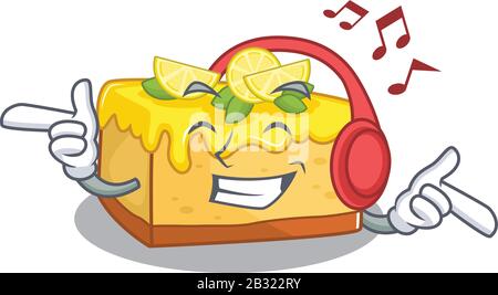 Listening music lemon cheesecake cartoon character concept Stock Vector