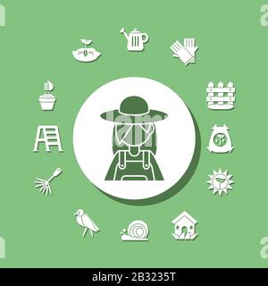 cartoon gardening woman with related icons around over green background, silhouette style icon, vector illustration Stock Vector