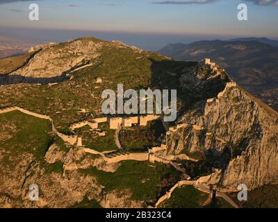 AERIAL VIEW. Ancient city of Corinth. Peloponnese, Greece. Stock Photo