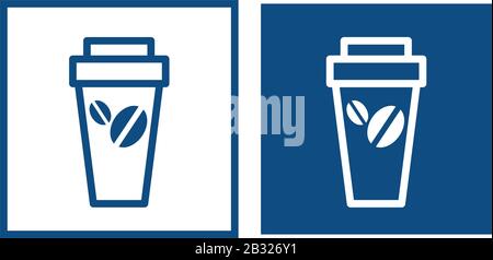 Cup with hot coffee. The symbol is located in a square frame. Vector blue icons. Stock Vector