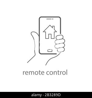 Hand Holding Mobile Phone Controls Smart Home. Remote control icon. EPS 10. Stock Vector