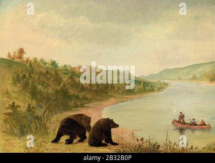 George Catlin - Catlin and His Men in Their Canoe, Urgently Solicited to Come Ashore, Upper Missouri Stock Photo