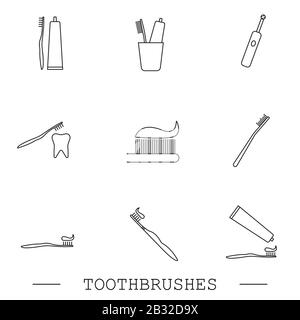 Toothbrush icon set. Teeth cleaning. Electric or conventional toothbrushes. Line with editable stroke. Collection of linear icons. Dental toothbrush i Stock Vector