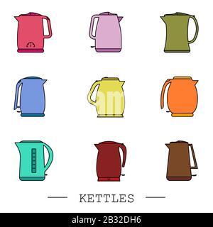 kettles icon color set vector. Teapot logo. kettle electric color. Color Kettle with handle icon isolated on white background. Kettle in line art styl Stock Vector