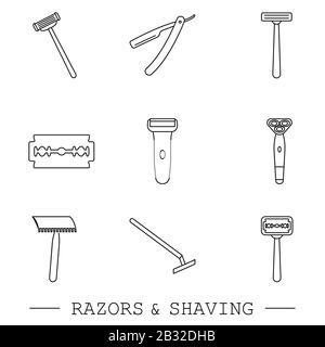 Razor vector line, linear icon set. collection of 9 razor outline icons. editable razor icons for web and mobile. shaving. Shaver blade razor simple Stock Vector