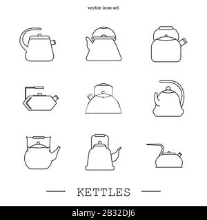 kettles icon line, linear set vector. Teapot logo. kettle gas black thin line, linear. Black Kettle with handle icon isolated on white background. Ket Stock Vector