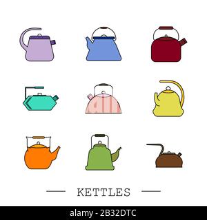 kettles icon color set vector. Teapot logo. kettle gas color set. Color Kettle with handle icon isolated on white background. Kettle in color art styl Stock Vector