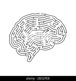 Brain shaped complicated maze, black silhouette isolated on white Stock Vector