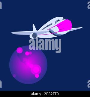 Coronavirus epidemic outbreak concept on Earth. A plane in a protective mask in the sky over a planet affected by the foci of the pneumonia virus. Pan Stock Vector