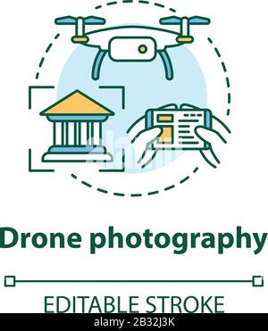 Drone photography concept icon. Quad copter with camera spying on house. Shooting historical objects from unusual angle idea thin line illustration Stock Vector