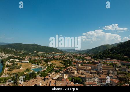 An aerial view view of the community in Sisteron, Alpes-de-Haute-Provence, France Stock Photo