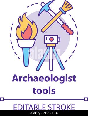 Archaeologist tools concept icon. Archelogy research. Treasure hunter equipment. Torch, pickaxe, brush, level tripod idea thin line illustration Stock Vector