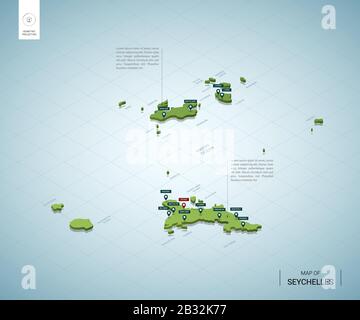 Stylized map of Seychelles. Isometric 3D green map with cities, borders, capital, regions. Vector illustration. Editable layers clearly labeled. Engli Stock Vector