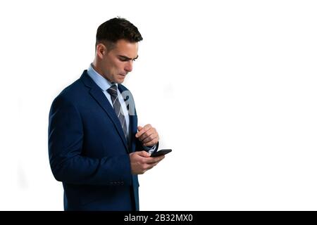Caucasian businessman holding a tablet computer on white background Stock Photo