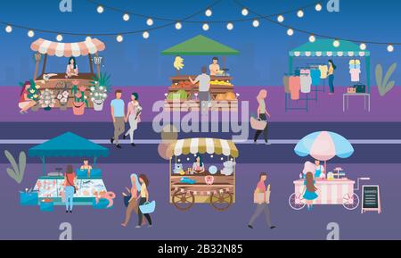 Night fair flat vector illustration. Outdoor street market stalls, summer trade tents with sellers and buyers. Flowers, farmers food and products Stock Vector