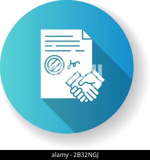 Conclusion of contract blue flat design long shadow glyph icon. Signed notarized document with stamp. Legal agreement. Business deal. Partnership Stock Vector