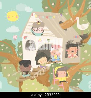 Children playing and having fun in the treehouse Stock Vector