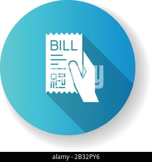 Bill of exchange blue flat design long shadow glyph icon. Printed cheque. Payment notice. Purchase confirmation, proof. Cashiers receipt, cash-memo Stock Vector