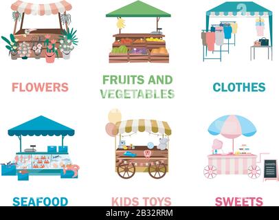 Street market stalls flat vector illustrations set. Fair, funfair trade tents, outdoor kiosks and carts, trolleys. Urban festival shopping places Stock Vector