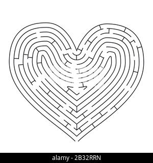 Heart shaped complicated maze, black silhouette on white Stock Vector