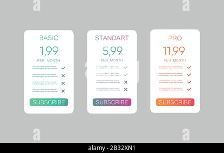 Comparison pricing list. Comparing price or product plan chart. Services cost table vector infographics template. eps 10 Stock Vector