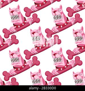 seamless pattern angry pink dog with a bone and a collar on a white background. Vector image Stock Vector