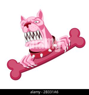 The character is a pink angry dog with a bone and collar on a white isolated background. Vector image Stock Vector