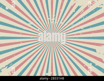 Sunlight retro narrow faded grunge background. red, blue and beige color burst background. Vector vertical illustration. Sun beam ray background. Old Stock Vector