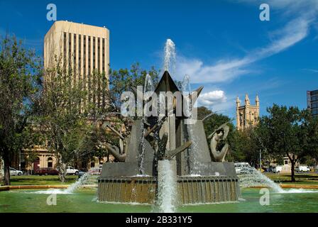 Adelaide, Australia - January 30, 2008: Victoria Square Fountain, designed by artist John Dowie to represent the three rivers from which Adelaide rece Stock Photo