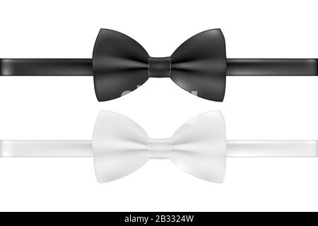 Elegant silk neck bow. Realistic black and white bow tie isolated on white. Vector illustration. Stock Vector