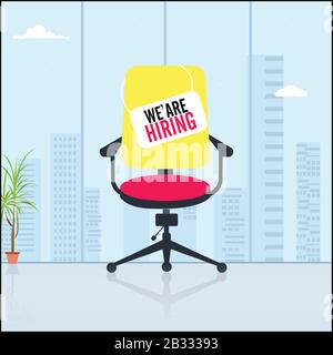 office chair, a sign vacant and inscription we're hiring with icons on background. Stock Vector