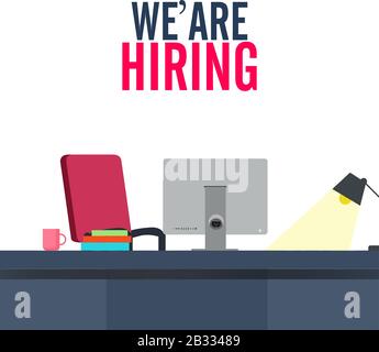 vector illustration on 'We're Hiring' with empty office workplace ready to be occupied by employees Stock Vector