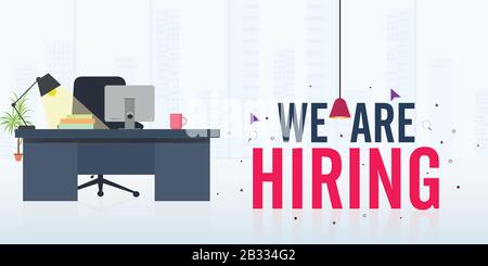 Office Worker Hiring Poster design, We're hiring flat illustration background. Stock Vector