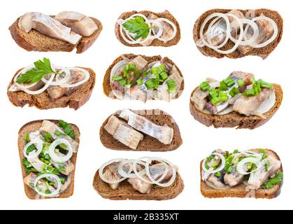 set of sandwiches with pickled herring isolated on white background Stock Photo