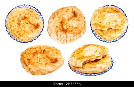 set of uzbek flat breads (Obi non) isolated on white background Stock Photo
