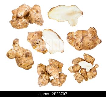 set of tubers of ripe jerusalem artichoke (sunroot) vegetables isolated on white background Stock Photo