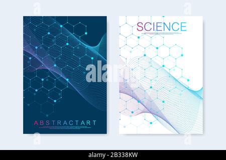 Modern vector templates for brochure, cover, banner, flyer, annual report, leaflet. Hexagonal molecular structures. Futuristic technology background Stock Vector