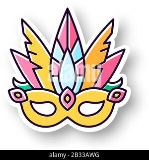 Masquerade mask patch. RGB color printable sticker. Traditional headwear with plumage. Ethnic festival parade. National holiday. Vector isolated Stock Vector