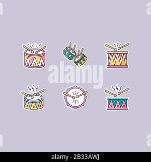 Brazilian music printable patches. Drums with drumsticks. RGB color stickers, pins and badges set. Samba. Musical instrument. Brazilian carnival Stock Vector