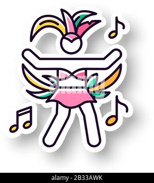 Dancing lady patch. RGB color printable sticker. Samba. Womens carnival costume. Brazilian carnival. Traditional music. National holiday. Masquerade Stock Vector