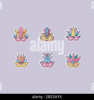Masquerade masks printable patches. Traditional headwear with plumage. RGB color stickers, pins and badges set. Ethnic festival. Brazilian national Stock Vector