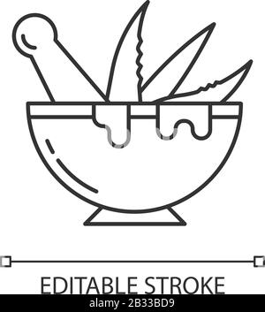 Mortar with pestle pixel perfect linear icon. Graining leaves. Aloe vera sprouts in bowl. Thin line customizable illustration. Contour symbol. Vector Stock Vector