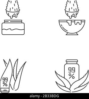 Aloe vera pixel perfect linear icons set. Juice from cut succulent leaf. Liquid from sliced cactus thorn. Customizable thin line contour symbols Stock Vector