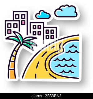 Brazil ocean beach patch. RGB color printable sticker. Skyscrapers and pond. Buildings. Road along coast with palm. San Paulo. Rio de Janeiro. Vector Stock Vector
