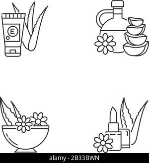 Aloe vera pixel perfect linear icons set. Organic cream with vitamin. Medicinal herbs in bowl. Customizable thin line contour symbols. Isolated vector Stock Vector