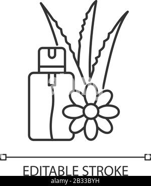 Aloe vera emergency spray pixel perfect linear icon. Vegan cosmetic in aerosol. Natural essence. Thin line customizable illustration. Contour symbol Stock Vector
